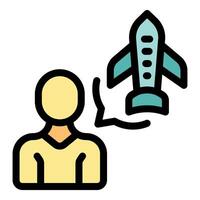 Person thinking about rocket launch, business startup, visionary project vector
