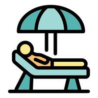 Tourist relaxing on beach lounger under umbrella vector