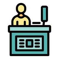 Bank teller working at computer behind counter providing financial services vector