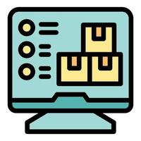 Computer showing inventory management system with cardboard boxes vector