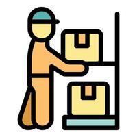 Warehouse worker arranging cardboard boxes on metal shelves vector