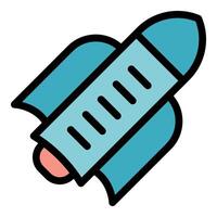 Rocket soaring through space with blue fins and red nozzle vector