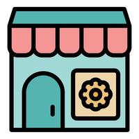 Pastry shop building with pink awning and gear sign displaying engineering and technology themes vector
