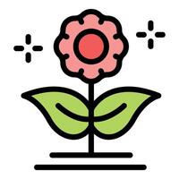 Pink flower blooming with green leaves and sparkles, botany icon vector