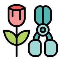 Gardener cutting a tulip with secateurs in the garden vector