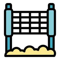 Volleyball net standing on sandy beach court, ready for summer game vector