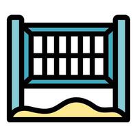 Beach volleyball net standing on sandy beach court, ready for summer game vector