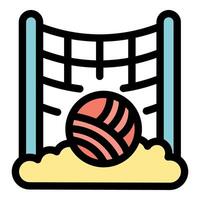 Volleyball ball lying on sand under net, exciting beach volleyball game awaits vector
