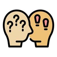 Two heads face to face, one with question marks and the other with exclamation points, symbolizing problem solving vector