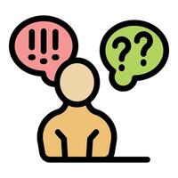 Person making decisions, choosing between exclamation and question marks in speech bubbles vector
