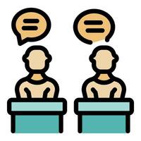 Students sitting at desk having a conversation with speech bubbles vector