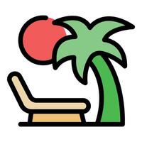 Beach chair under palm tree at sunset, relaxing summer vacation icon vector