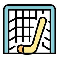 Hockey stick scoring goal in net, winning sport game vector