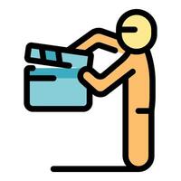 Film director using clapperboard on set for movie production vector
