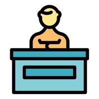 Receptionist sitting at front desk working with arms crossed vector