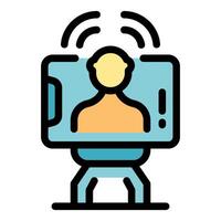 Online meeting with colleague using call on tablet with tripod vector