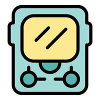 Retro handheld game console playing a futuristic game vector