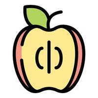 Cartoon drawing of a sliced apple showing seeds, stem, and leaf vector