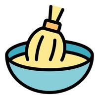 Mixing ingredients with whisk in bowl, culinary preparation icon vector
