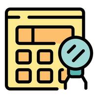 Magnifying glass hovering over calculator application representing financial audit vector