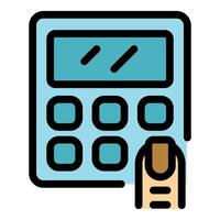 Finger pressing button on calculator, performing calculations vector
