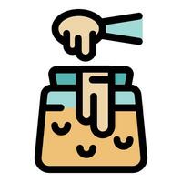 Hand dipping finger in honey jar filled with honeycombs vector