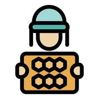 Beekeeper holding honeycomb frame, beekeeping and honey production vector