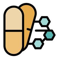 Innovative drug development depicted with capsules and molecular structure vector