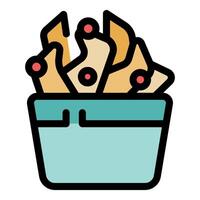 Crispy potato chips overflowing from a plastic bucket, vector
