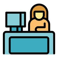 Bank teller working at computer behind counter providing financial services vector