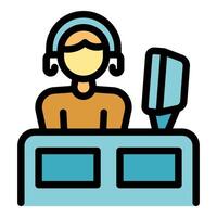 Dispatcher wearing headset and working on computer at desk vector