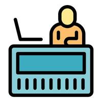 Office worker using laptop and working on computer at desk vector