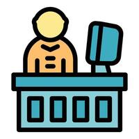 Bank teller working at computer behind counter providing financial services vector