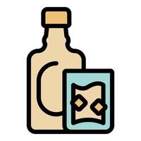 Bottle pouring cognac into glass with ice cubes, alcoholic beverage enjoyment vector