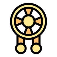 Round dharma wheel hanging with two weights representing balance and enlightenment vector