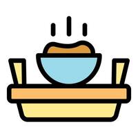 Steaming bowl of food on a serving tray with handles, ready to eat vector