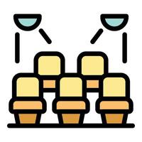 Cinema hall with illuminated spotlights shining on empty seats vector