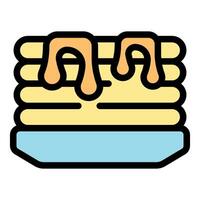Stack of pancakes with syrup drizzling on plate, simple dessert icon vector