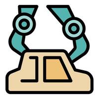 Car assembly line robot attaching parts in a factory vector