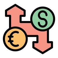 Currency exchange showing dollar increasing and euro decreasing with arrows and coins vector