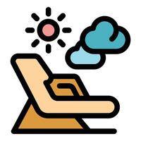 Deckchair under sun and clouds, relaxing summer vacation icon vector