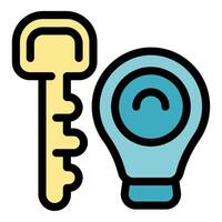 Key unlocking a lightbulb, finding a solution or solving a problem vector