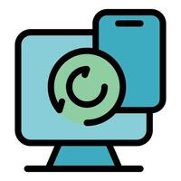Smartphone and desktop computer syncing data with rotating arrows symbol vector