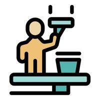Window cleaner using squeegee and bucket on platform vector