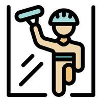 Window cleaner using squeegee and wearing helmet while cleaning glass surface vector