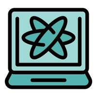 Laptop showing rotating atom electrons orbiting nucleus physics science vector