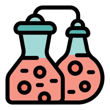 Chemical reaction experiment with connected flasks containing red liquid and bubbles vector