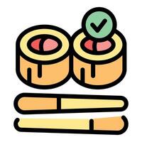 Fresh sushi rolls with chopsticks and check mark representing quality approval vector