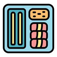 Lunchbox containing breadsticks, dessert, and sushi rolls is ready for meal vector