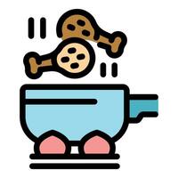Chicken legs falling into frying pan, cooking fried chicken drumsticks vector